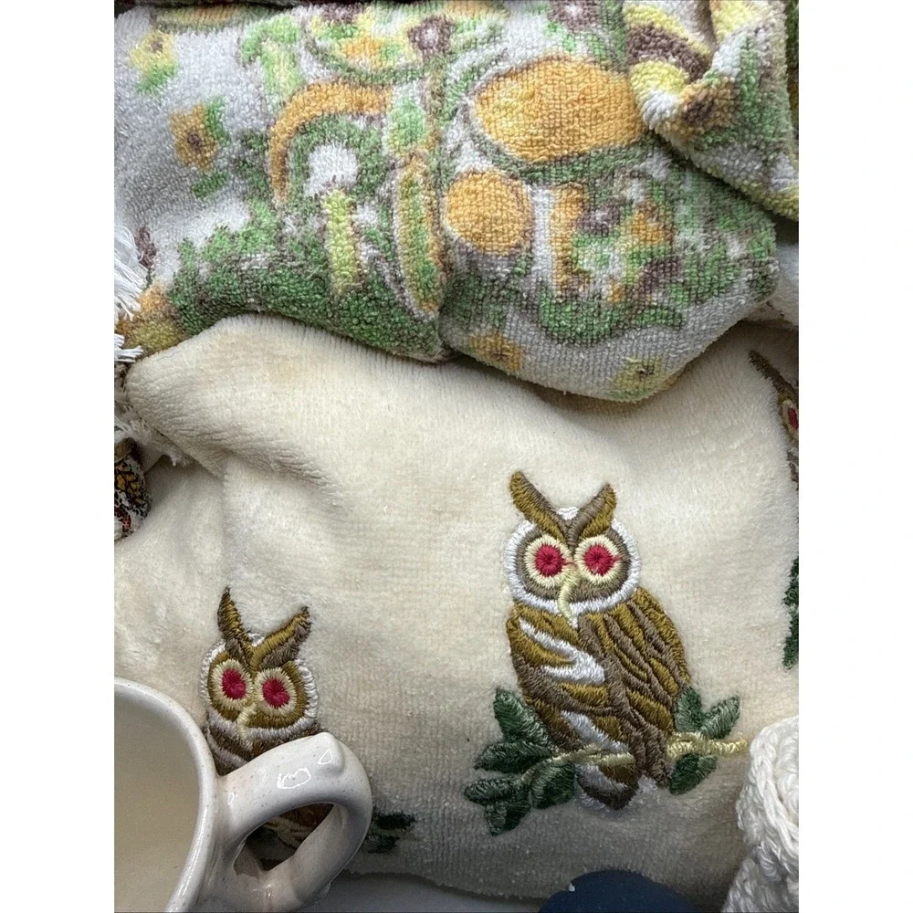 Vintage Lot Of Owls And Mushrooms, S&P, Towel, Cups, Picture